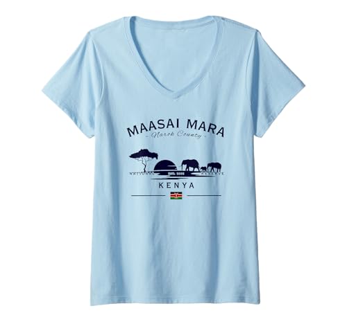 Damen Maasai Mara Elephants National Reserve Kenia Flag Safari T-Shirt mit V-Ausschnitt Damen Maasai Mara Elephants National Reserve Kenia Flag Safari T-Shirt mit V-Ausschnitt von Kenya Sunset National Park Maasai Mara Souvenirs