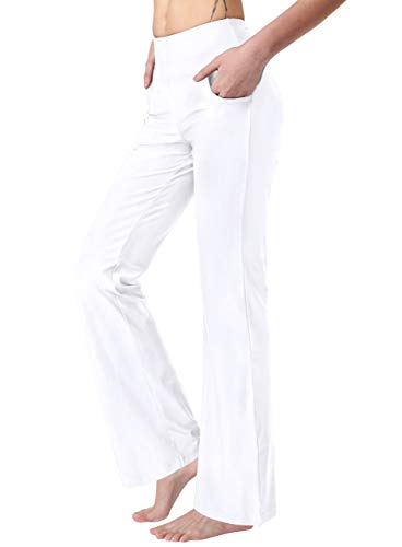 Keolorn Damen Bootcut Yogahose mit Taschen Hohe Taille Bootleg Yoga Workout Hose für Frauen, Weiss/opulenter Garten, X-Groß von Keolorn