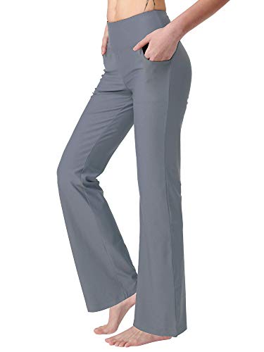 Keolorn Damen Bootcut Yogahose mit Taschen Hohe Taille Bootleg Yoga Workout Hosen für Frauen - Grau - Klein von Keolorn