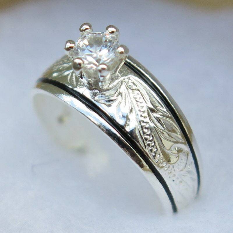Hawaii Design 925K Sterling Silber Cz Scrolling Schwarz Rand Offener Toe Ring von KeoniCrafts