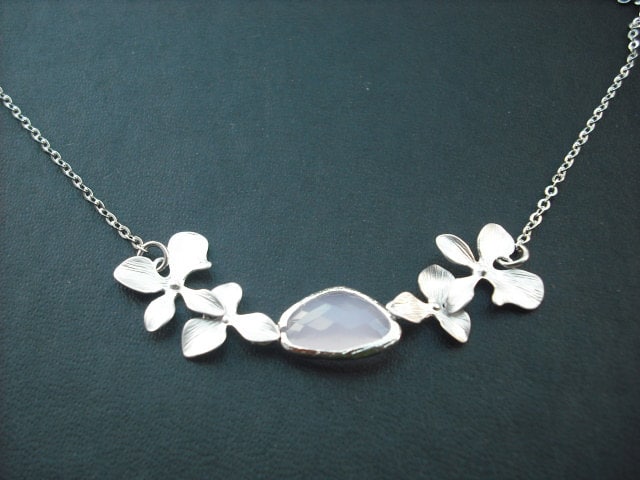 sterling Silber Kette - Matte Doppelzimmer Orchidee Blüht Mit Rosa Opal Lünette Halskette Brautjungfern Geschenk, Geschenk Hochzeit von KeoniDesign