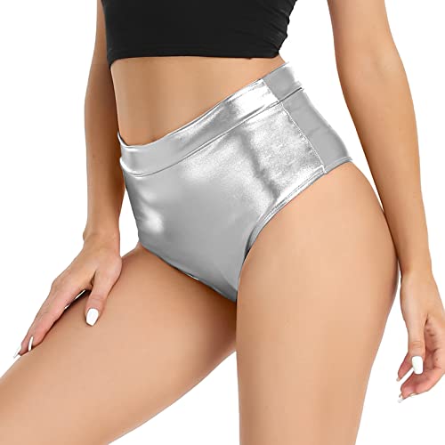 Kepblom Damen Metallic Booty Shorts Hohe Taille Glänzende Rave Hose für Festival Clubwear Tanzen, silber, X-Groß von Kepblom