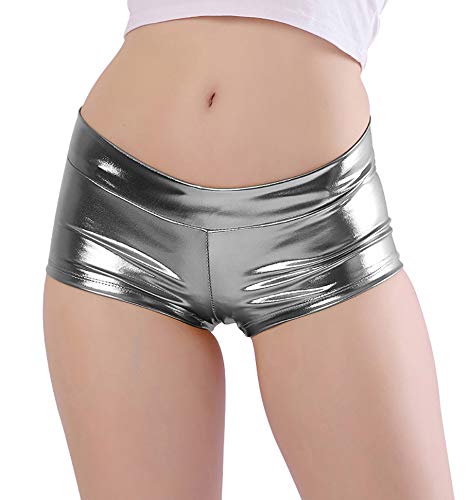 Kepblom Damen Shiny Metallic Rave Booty Shorts Hot Pants Tanzhose - Grau - Mittel von Kepblom