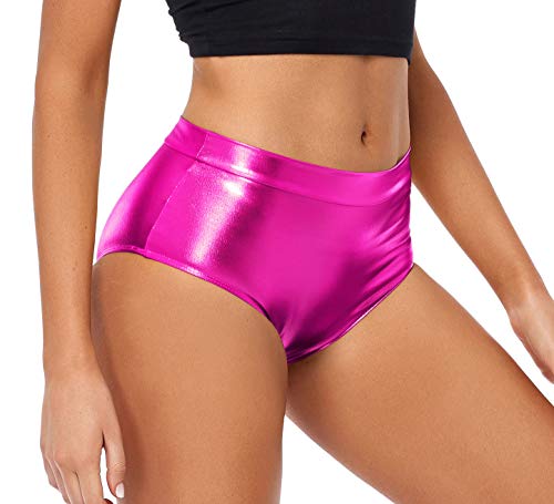 Kepblom Metallic Hohe Taille Booty Shorts Damen Glänzend Freche Tanzen Festival Rave Hose - Pink - Groß von Kepblom