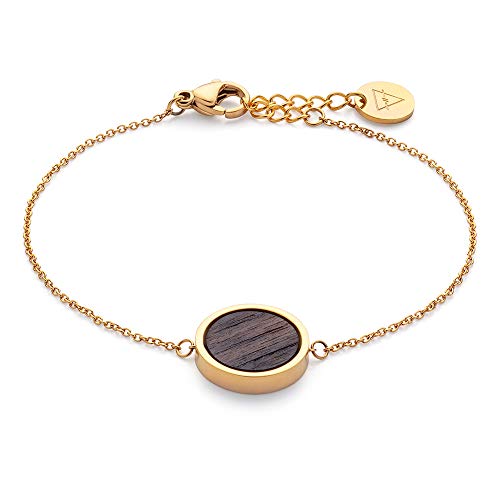 Kerbholz Holzschmuck – Geometrics Collection Circle Bracelet, filigranes Frauen Armband in Gold mit Kreis Anhänger, Schmuck aus Naturholz, größenverstellbar (Armbandlänge 15 + 2,5 cm) von Kerbholz
