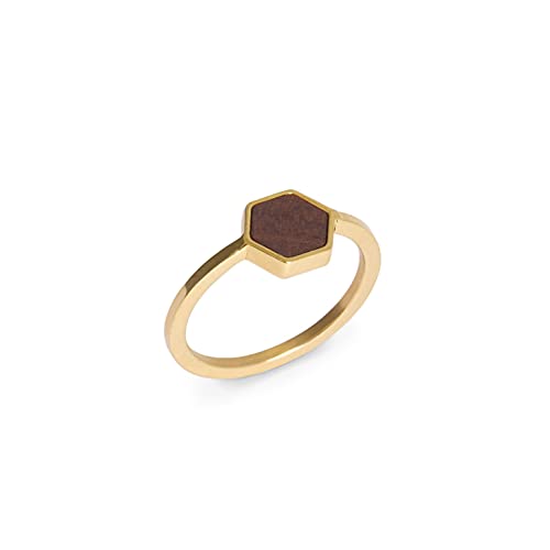 Kerbholz - Holzschmuck Damen - Hexa Ring Gold - dünner Damen Schmuck Ring in gold - Edelstahlring mit echtem Holz - Schmuck Geschenk für Frauen(Gold, XS) von Kerbholz