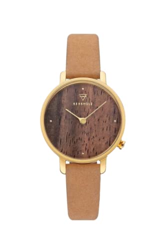 Kerbholz Holzuhr Damen - Emma Vegan - analoge Quarz Damenuhr mit Echtholz - veganes Uhrenarmband - leichte Uhr mit Edelstahl in Gold - Geschenk für Frauen, Ø 30mm von Kerbholz