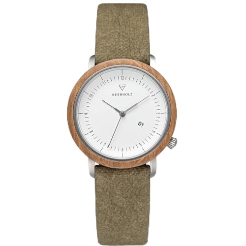 Kerbholz Holzuhr – Masterpieces Collection Carla Vegan analoge Damenuhr, Quarz Uhr mit Datumsanzeige, Naturholz Gehäuse Walnuss, Uhrenarmband aus Papiermaterial, Ø 36mm (Oak Olive) von Kerbholz