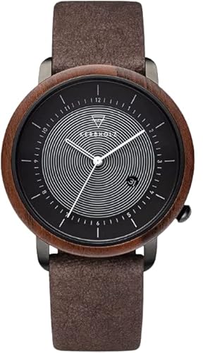 Kerbholz Holzuhr – Masterpieces Collection Michel Solar Vegan, analoge Herrenuhr, Quarz Uhr mit Datumsanzeige, Naturholz Gehäuse, Uhrenarmband aus Papiermaterial, ø 45mm, Walnuss (Walnut Tobacco) von Kerbholz