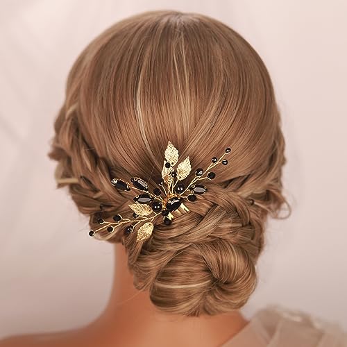 Kercisbeauty Haarkamm mit goldfarbenen Blättern und schwarzen Perlen, klein, niedlich, für Hochzeit, Braut, Brautjungfer, Frauen, Mädchen, besondere Anlässe, handgefertigter Schmuck von Kercisbeauty