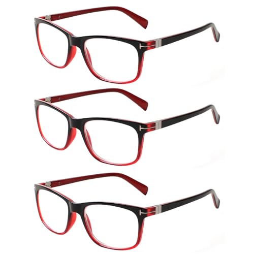 Kerecsen 3 Pack Lesebrille Damen Federscharniere Gute Brillen Hochwertig Rechteckig Komfortabel Frauen Lesehilfe (1.00, 3 Tiefrot) von Kerecsen