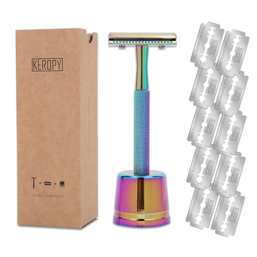 Keropy® One Blade Rasierhobel mit Ständer und 10 Premium Edelstahl Wiederverwendbarer Rasierhobel für Männer und Frauen, Einklingenrasierer, Regenbogen von Keropy