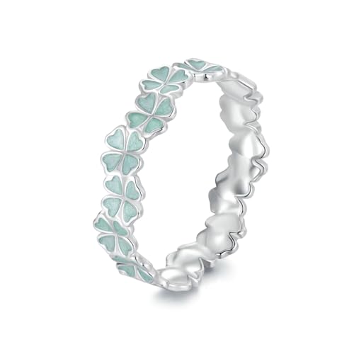 925 Sterling Silber Stapelbarer Damenring - Glückliches Vierblättriges Klever - Design mit Grünem Tropfenöl-Blumen-Element - Hypoallergisch - Verpflichtungs-Geschenk für Mädchen - Ringgröße 58 von Kerraom