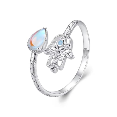 Kerraom 925 Sterling Silber Einstellbare Verstellbar Hamsa Ring, Lucky Schutz Opal Mondstein Frauen Ring, Fatima und Lotus Design, Tochter Mutter Geschenk, Stacking Fancy Embracering von Kerraom