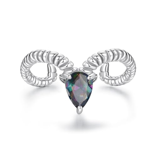 Kerraom Aries Ring 925 Sterlingsilber -Schwarzer Ovaler Zirkonia Sternzeichenring für Frauen Adjustable Weißer Schaf Ring - Astrologisches Sternzeichen-Schmuckring Geburtstagsgeschenk von Kerraom