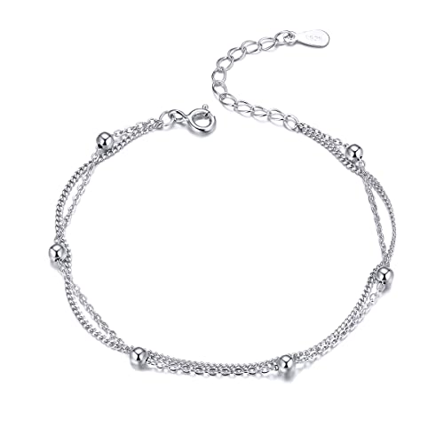 Kerraom Damen Armband 925 Sterling Silber Doppelkette mit Kugelperlen für Frauen, Doppel Armkette mit Kugel Armschmuck Geburtstag Geschenk Mutter Ehefrau Freundin Verstellbarer von Kerraom