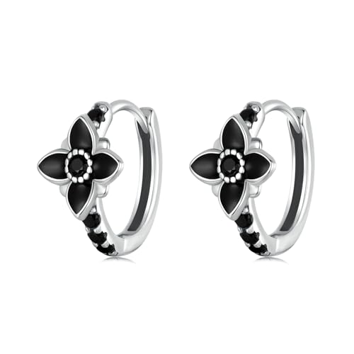 Kerraom Damen Creolen Ohrringe Schwarz 925 Sterling Silber Blumen Creolen mit Zirkon Stein Hypoallergene Gothic Ohrstecker für Frauen Schwarze Silberohrringe Geschenk für Freundin Tochter von Kerraom