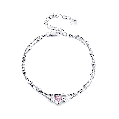 Kerraom Damen Herz Armband 925er Silber Doppelkette mit Rosa Liebe für Frauen, Doppel Armkette mit Kugel Schmuck Silberarmband Geburtstag Geschenk Mutter Ehefrau Freundin Verstellbarer von Kerraom