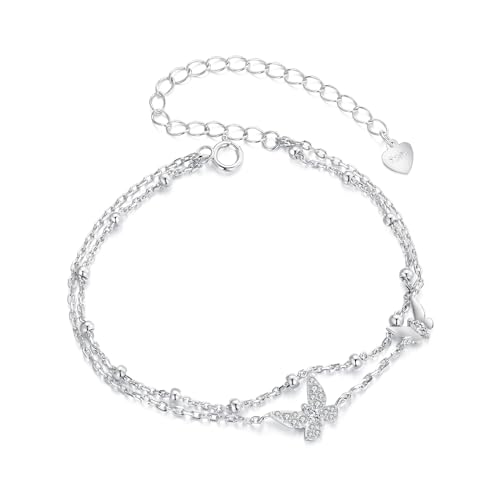 Kerraom Damen Schmetterling Armband 925er Silber Doppelkette mit Schmetterling für Frauen, Doppel Armkette mit Kugel Silberarmband Geburtstag Geschenk Mutter Ehefrau Freundin Verstellbarer von Kerraom