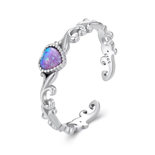Kerraom Herz Opal Einstellbare Verstellbar Ring 925 Sterling Silber Vintage Ringe Frauen Verlobung Ewiges Versprechen Schmuck Ringe Mädchen Geschenk Hypoallergene Ring Power von Kerraom