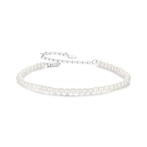 Kerraom Perlen Armband Damen Sterling Silber Weiße Runde Simulierte Perle Armbänder 16+6cm Verstellbare Perlen Silberarmband für Damen Frauen Geschenke, Süsswasserperlen 3mm von Kerraom
