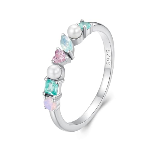 Kerraom Ringe Silber 925 Verlobungsring Damen Bunte Ring mit Stein Cubic Zirkonia Stapelbare Vintage Herz Ring Freundschaftsringe Mädchen Eheringe Weißgold Opal Perlen Trendschmuck von Kerraom