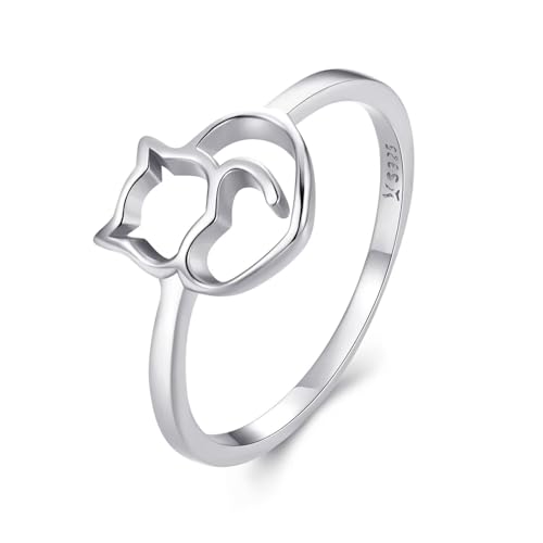 Süßer Verspielter Kätzchen-Design 925 Sterling Silber Ring für Damen - Zartes Design - Stapelbar - Hypoallergisch - für Mädchen - Ringgröße 55 von Kerraom