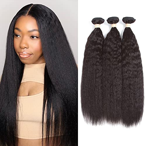 Kerriana Yaki Echthaarpakete, lockig, gerade, 100 % unbehandeltes brasilianisches Echthaar, 3 Packungen, 3 Packungen à 35,6 cm, 40,6 cm, für schwarze Frauen, gerade Bündel von Kerriana