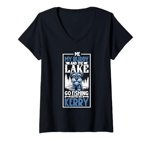 Damen Angeln und Kerry Blue Terrier T-Shirt mit V-Ausschnitt von Kerry Blue Terrier Designs