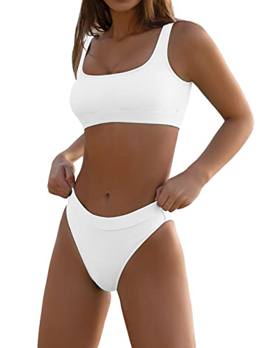 Sport-Badeanzüge für Damen, zweiteilig, bauchfreies Top, Bikini-Set, hohe Taille, hoher Schnitt - Weiß - Small von KerryKreey