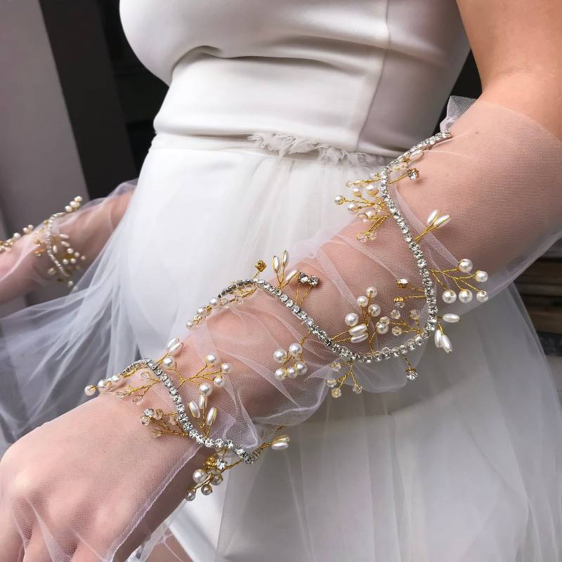 Crystal Gardenia Sheer Tüll Handschuhe |Vintage 90Er Jahre Hochzeitshandschuhe | Swarovskii Und Pearl Vine |Braut von KerryParkerStore