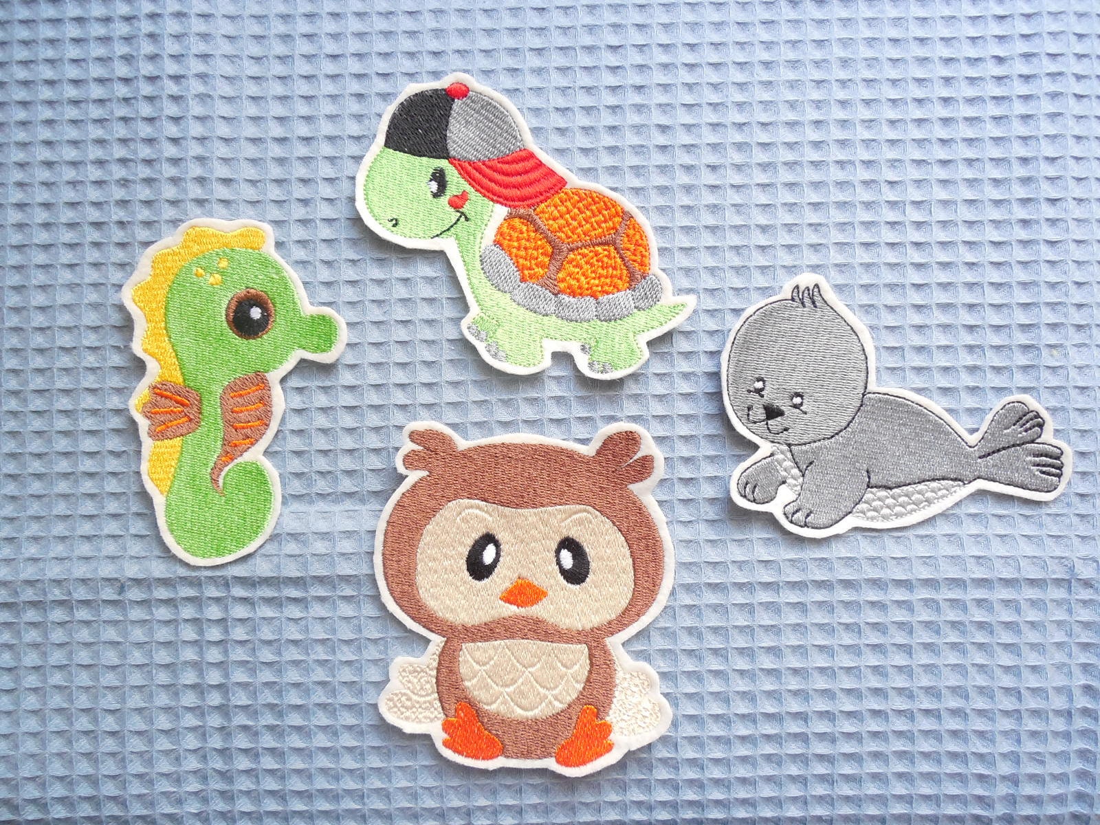 Applikation Aufnäher Bügelbild Eule, Seepferdchen, Robbe, Schildkröte von KerstinsStickdateien