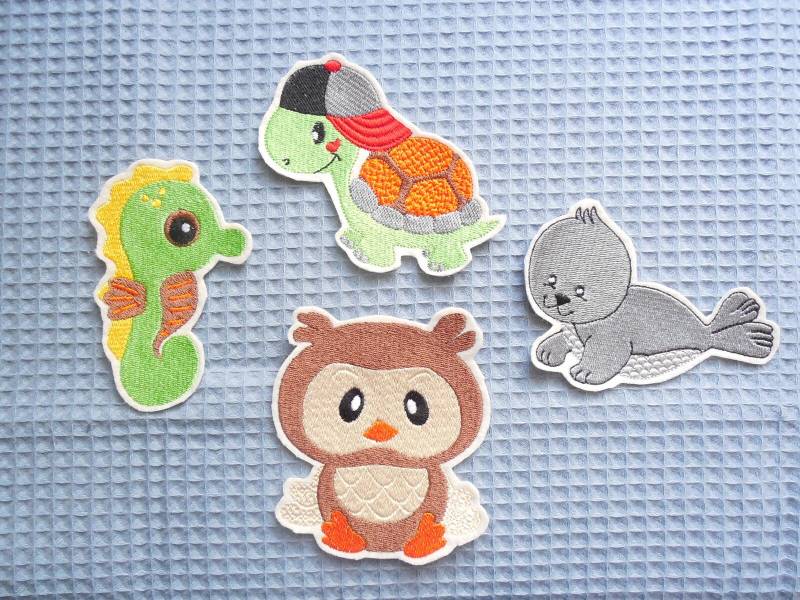 Applikation Aufnäher Bügelbild Eule, Seepferdchen, Robbe, Schildkröte Applikation Aufnäher Bügelbild Eule, Seepferdchen, Robbe, Schildkröte von KerstinsStickdateien