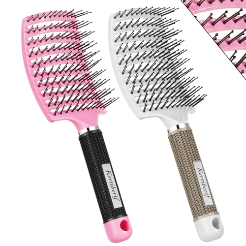 Kertiberif Gebogene belüftete Haarbürste, Entwirrungsbürste für nasses und trockenes Haar, Paddel-Haarbürste für Damen, Herren, Kinder, lockiges, dickes, feines langes und kurzes Haar, 2 Stück von Kertiberif