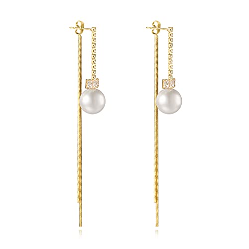 Lange Perlenohrringe für Damen, 14 Karat vergoldet, Perlen-Ohrringe, hypoallergen, elegant, Goldperlen, Quasten-Ohrring für Mädchen, Gelbgold, Perle von KesaPlan