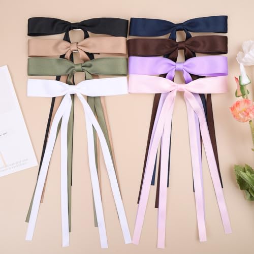 Kesfey Haarspangen mit Schleife und Quastenband für Damen, Mädchen, Haarschleifen mit langem Schwanz, seidiges Satin-Haarband, Haarspangen (8 Farben), 8 Stück von Kesfey