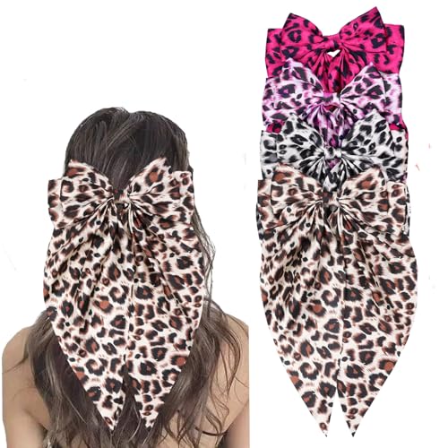 Kesfey Leoparden-Haarschleifen für Damen, große Schleife, Haarspangen mit langem Schwanz, Satin-Haarschleife, Haarspange für Damen und Mädchen, Pferdeschwanz-Haarschmuck, 4 Stück Kesfey Leoparden-Haarschleifen für Damen, große Schleife, Haarspangen mit langem Schwanz, Satin-Haarschleife, Haarspange für Damen und Mädchen, Pferdeschwanz-Haarschmuck, 4 Stück von Kesfey