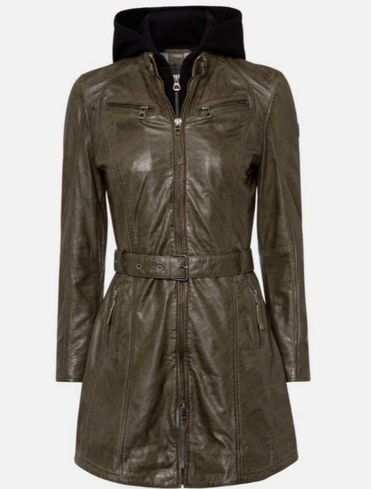Keskin Collection Lederjacke Lederjacke Ledermantel Olive mit Kapuze abnehmbar und mit Gürtel Kapuze abnehmbar von Keskin Collection