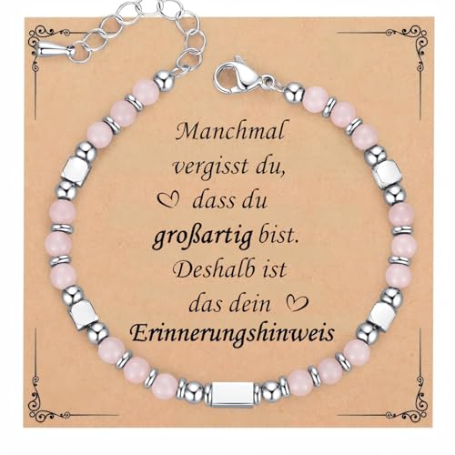 4mm Perlenarmband Silber Damen Armband - Einstellbar Edelstahl Hummerschließe,Frauen Armbänder mit Quader Charm, Freundin Schwester Schmuck Geschenke für Tag des Gedenkens Geburtstag(Rosenquarz) von Kessofera