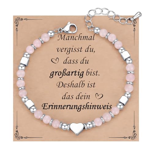 Herz Silber Armband Damen Geschenk - Einstellbar 4MM Natursteine Kugelarmband, Frauen Armbänder mit Herz Charm, Freundin Schwester Mutter Schmuck Geschenke für Tag des Gedenkens Geburtstag(Rosa） von Kessofera