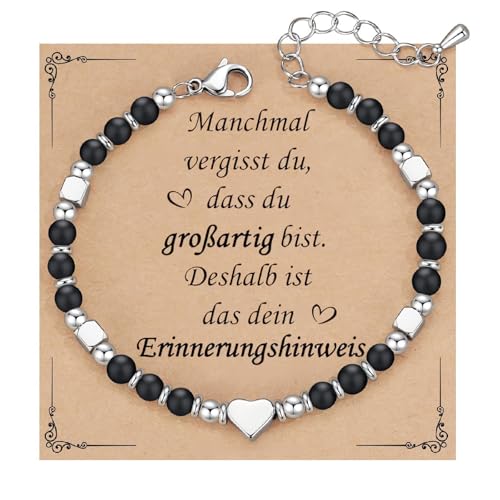 Herz Silber Armband Damen Geschenk - Einstellbar 4MM Natursteine Kugelarmband, Frauen Armbänder mit Herz Charm, Freundin Schwester Mutter Schmuck Geschenke für Tag des Gedenkens Geburtstag(Schwarz） von Kessofera