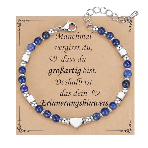 Herz Silber Armband Damen Geschenk - Einstellbar 4MM Natursteine Kugelarmband, Frauen Armbänder mit Herz Charm, Freundin Schwester Mutter Schmuck Geschenke für Valentinstag Geburtstag(Blau) von Kessofera
