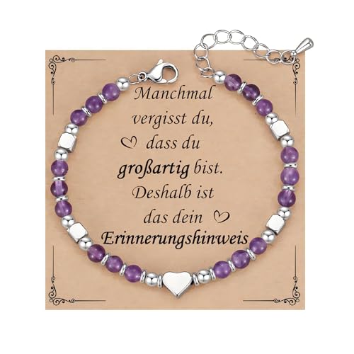Herz Silber Armband Damen Geschenk - Einstellbar 4MM Natursteine Kugelarmband, Frauen Armbänder mit Herz Charm, Freundin Schwester Mutter Schmuck Geschenke für Valentinstag Geburtstag(Lila) von Kessofera