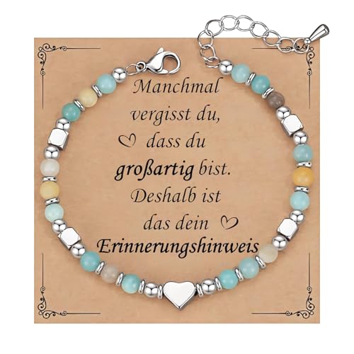 Herz Silber Armband Damen Geschenk - Einstellbar Edelstahl 4MM Natursteine Kugelarmband, Frauen Armbänder mit Herz Charm, Freundin Schwester Mutter Schmuck Geschenke für Valentinstag Geburtstag von Kessofera