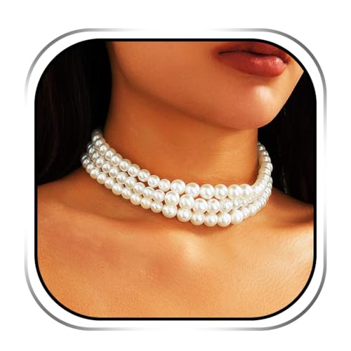 Kesvb Boho-Halskette mit mehrlagigem Perlen-Halsband, weiße Perlenketten, Brautschmuck, Hochzeitsschmuck für Frauen von Kesvb