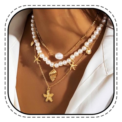 Kesvb Boho Layered Pearl Choker Necklace Seestern Pendant Necklaces Beach Shell Neck Chain for Women Kesvb Boho Layered Pearl Choker Necklace Seestern Pendant Necklaces Beach Shell Neck Chain for Women von Kesvb