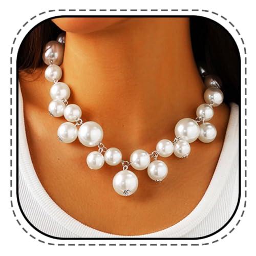 Kesvb Große Perlen-Halskette, weiße klobige Perlenketten, Brautschmuck, Hochzeitsschmuck für Frauen von Kesvb