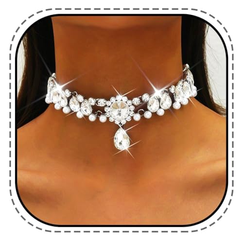 Kesvb Strass-Choker-Halskette, silberfarbene Perlenketten, glitzernde Kristall-Halskette für Damen Kesvb Strass-Choker-Halskette, silberfarbene Perlenketten, glitzernde Kristall-Halskette für Damen von Kesvb