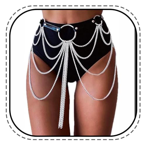 Kesvb Taillenkettengürtel aus Leder, Silber, Rave, modisches Körperzubehör für Damen von Kesvb