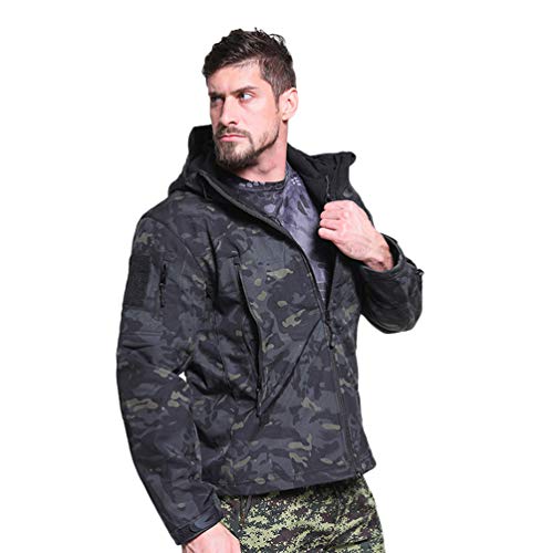 Ketamyy Herren Taktische Camouflage Jacke Wasserdicht Softshell Fleece Futter Herbst Winter Outdoor Trekking Jagd Wandern Regenfest Mäntel Mit Kapuze Schwarz CP 2XL von Ketamyy